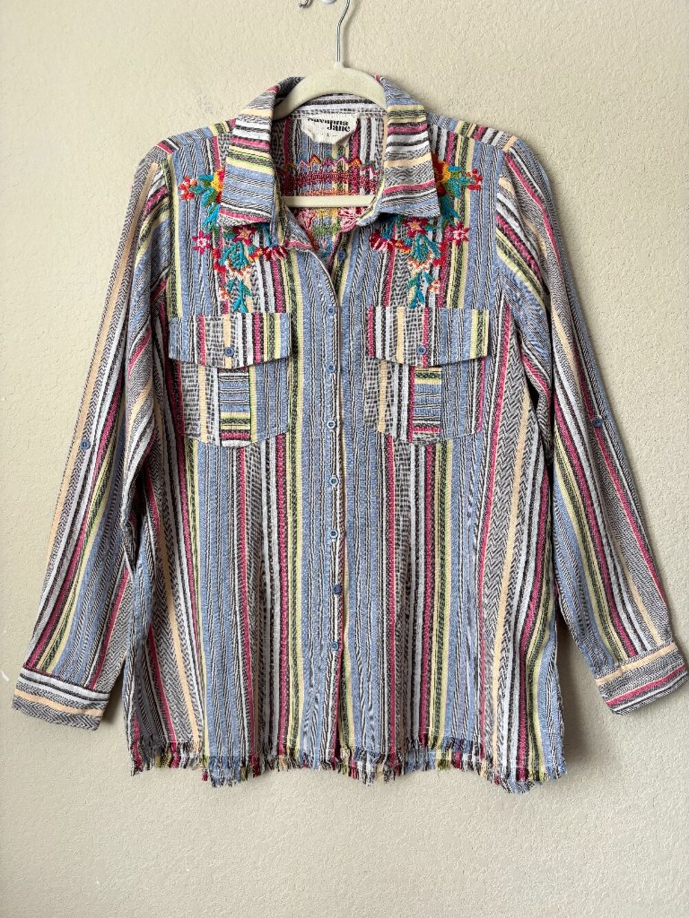 Savanna Jane Boho Western Striped Embroidered Cactus Floral Fringe Shirt